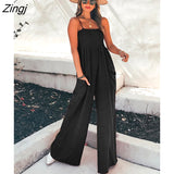 PETAL Square Neck Smocking Jumpsuit For Woman Black Casual Thin Straps Wide Leg Pants Playsuit 2023 Summer Loose