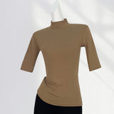 Zingj High Temperament Style Half High Collar Sleeve Bottom Shirt Female Five Sleeve Black With Short Sleeve Slim