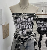 Shooting Hottie Camouflage Letter Print Chest Vest With Chest Pad Irregular Ribbon Short Top