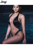 2023 New Transparent Patchwork Bikini Low Chest Sexy Skinny Unique Design Black Chic Halter Neck Backless Slim