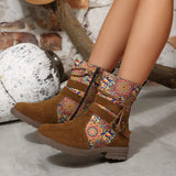 Large-Size Square With Velvet Tuff-Faced Short-Cuffed Boots Women's New Side Zipper Round Head Locomotive Boots