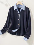 Two Spliced Polo Collar Shirt Women's Spring Design Sense Of Small Chic Repair Shirt Short Long-Sleeved