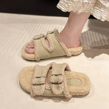 Zingj Slippers Female 2024 Autumn / Winter New Korean Version Of Fashion Color Stitching Soft Wool And Velvet Belt Buckle Flip-Ops-Outfit