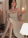 Women Spaghetti Strap Split Black White Dress Elegant Sleeveless Party Sexy Vestidos One Piece