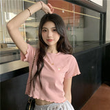 Zingj Hot Girl Crop Short Style Student Jacket 2024 Summer New Short Sleeve Embroidery Wooden Ear Slim T-Shirt Female
