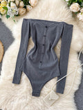 Slash Neck Long Sleeve Bodysuit Autumn 2023 Single Breasted Playsuit Red/Gray/Black Sexy Knitted Rompers New Fashion