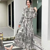 Print Lotus Leaf Side Half-Dress Woman Two Sets Of Ocean Length Reduce Age Long-Sleeved Bow