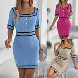 Shooting 2025 Spring And Summer Elegant Square Neck Button Short Sleeve Knitted Bag Hip Skirt Women's