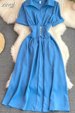 Vintage Women Midi Dress Elegant Pink/Orange/Green Polo Collar Short Sleeve High Waist A-Line Vestidos Female New