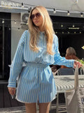 Women's Dress Design Long-Sleeved Striped Shirt Tightly Shorts