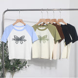 Retro Printed Short-Sleeved T-Shirt Women's Short-Coln High-Waisted Body Shirt