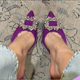 European and American Style Closed Toe Niche Design Rhinestone High Heel Shoes Women's Summer Satin Mid Heel