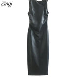 New Women Fashion Asymmetrical Collar Sleeveless PU Leather Slim Midi Vest Dress Lady Chic Zipper A Line Vestidos