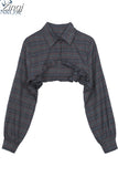 Vintage Plaid Women's Shirt Ruffle Edge 2023 Autumn New Design Chic Sexy Long Sleeve Ultra Short Blouse Tops