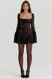 Long Sleeve Lace Square Neck Mini Dress-Outfit