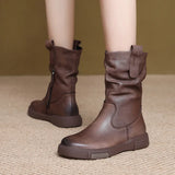 Layer Kraft Mid-Sleet Boots Women Autumn And Winter New Flat Bottom Comfortable Side Zipper Martin Boots Retro Style Horse