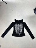 Retro Wing Prints Long Sleeves Fill In The Women's 2025 Street Personality Out-Shoulder New Top
