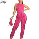 Sleeve Bodysuit and Pants Fringe Tassel Trousers Two Piece Set Tracksuit Fall Women Clothing Sexy Skinny