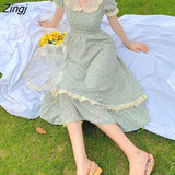 Floral Fairy Midi Dress Women Sweet Print French Casual Vintage Party Dresses Beach Lace Kawaii Dress for New Year