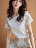 Short-Sleeved T-Shirt Women 2025 New Summer Explosion Design With A Unique And Beautiful Temperament Lace Splicing