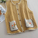 Vests Women Loose Knitting Cute Floral Pockets Students Vintage Peter Pan Collar Autumn New Arrivals Chic Ins