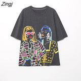 Women Fashion Front Contrast Color Patchwork Beauty Print Casual T Shirt Female Short Sleeve Chic Streetwear Tops