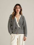 East Autumn And Winter V-Neck Knitted Shirt Buckle Cardigan New Striped Hit-Colored Sweater