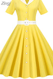 Turn-down Collar Blue Summer Dress Women Elegant Short Sleeve Solid Office Party Midi Sundres A-line High Waist