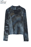 Spliced Streetwear Bodycon T Shirt Women Long Sleeve Stand Collar Gothic 2023 Spring Fashion Pullover Tees Tops