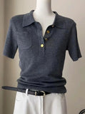 Polo Collar Gray Short-Sleeved Knitted Shirt For Summer Shorts For High-End Temperament Ice Jersey