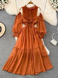 Vintage Women Hollow Out Long Dress Elegant Ruffle O-Neck High Waist A-Line Big Swing Party Vestidos Female New