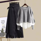 Women Winter Patchwork Long Sleeve Knitted Tops + Asymmetric Skirt 2 Piece Suit Female Party Elegant Two Piece Set 211-1-Outfit