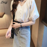 Women Summer Chiffon M-4XL V-neck Single-breasted Elegant Lantern Sleeve Leisure Korean Style Loose All-match Newest