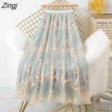 Embroidery Tulle Skirt Women Spring Flower Elastic High Waist Pleated Midi Skirt Korean Style Elegant A-line Mujer