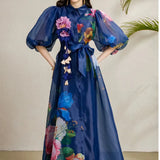 Elegant Dress Women's Summer Court Wind Strap To The Waist Three-Dimensional Flower Lantern Sleeve Print Mesh