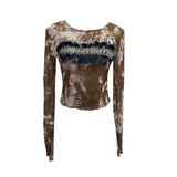 Shooting Hottie Perspective Dye Mesh Spliced Denim Long-Sleeved Shirt T-Shirt T-Shirt