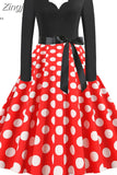 Christmas Dress Women Vintage Winter Polka Dot Print Long Sleeve Casual Elegant Party Dress S~3XL Robe