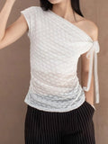 Desire Girl Wind Thin Slim See One Shoulder Design Ribbon Short-Sleeved Top Babes Reduce Age Thin One-On-Wear