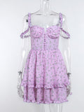 Ruffle Mini Dresses Floral Print Sexy Purple Button Sleeveless Y2K Women Casual Fashion Elegant Party Dresses 2022