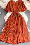 Vintage Pleated Midi Dress Women Green/Red/Blue Square Collar Puff Short Sleeve High Waist Draped Vestidos Female
