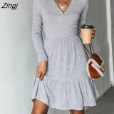 PETAL Ribbed A-Line Mini Dress For Woman Grey Sexy V-neck Long Sleeve Party Dress 2023 Spring Autumn Female
