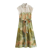 Spring Print Lapel Sleeveless Belt Dress
