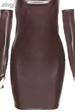 Women Faux PU Leather Sexy Skinny Mini Dress With Sleeve Midnight Club Partywear Bodycon Backless Wrap Chest