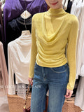Xixi 2025 Autumn White Standard Elegant Temperament Chiffon Neck Thin Knitted Small Shirt