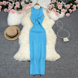 Zingj Sexy Round Neck Kink Solid Color Vest Knit Skirt Front And Back Two Wear Elastic Tight Wrap Hip