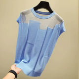 O-neck Short Sleeve Knitted Tops Patchwork Ice Silk Blusas Women Pullover Fashion Thin Blouse Mujer De Moda 2023