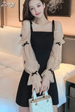 Elegant Party Night Woman Mini Dress Patchwork Mesh Puff Sleeve Bow Sweet Girls Black Short Dresses Women Clothes