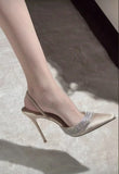 Winter New Pointed Purple Thin Heel High Mouth Water Drill With Silk Sat Sandals Half-Dragging