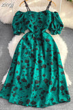 Vintage Slash Neck Off Shoulder Printed Dress Elegant Puff Short Sleeve High Waist A-Line Spaghetti Strap Vestidos