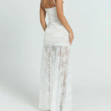 Sexy Lace Splicing Chest-Shaped Folding Sling Dress With Hottie Open Fork Mesh